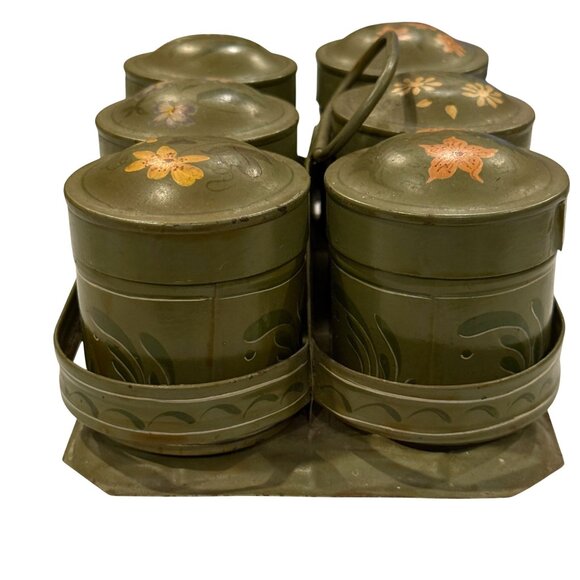 Vintage Primitive Toleware Metal Spice Canister Caddy Set Painted Floral Design - Picture 5 of 12